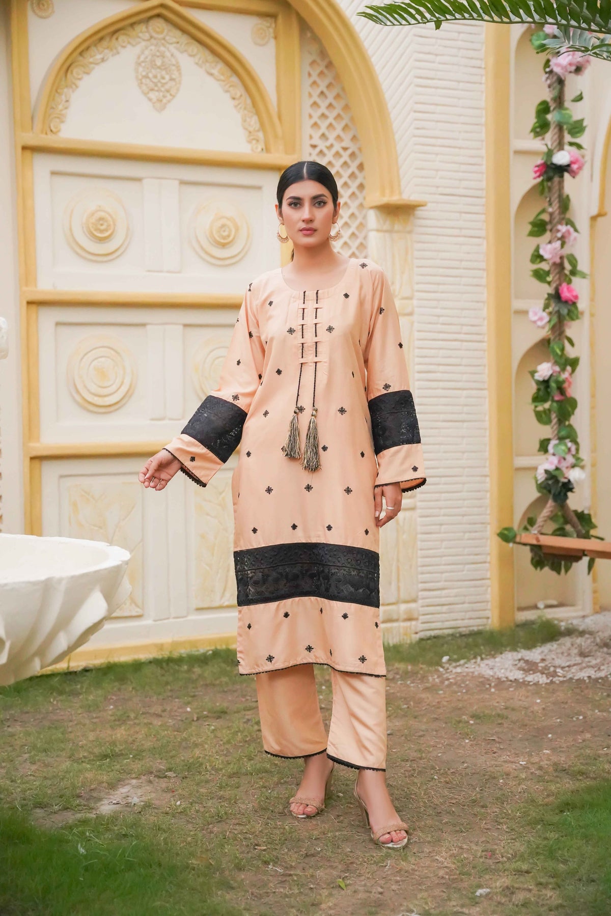 2-Piece Elegant Peach Embroidered Suit with Black Accents – Casual Wear