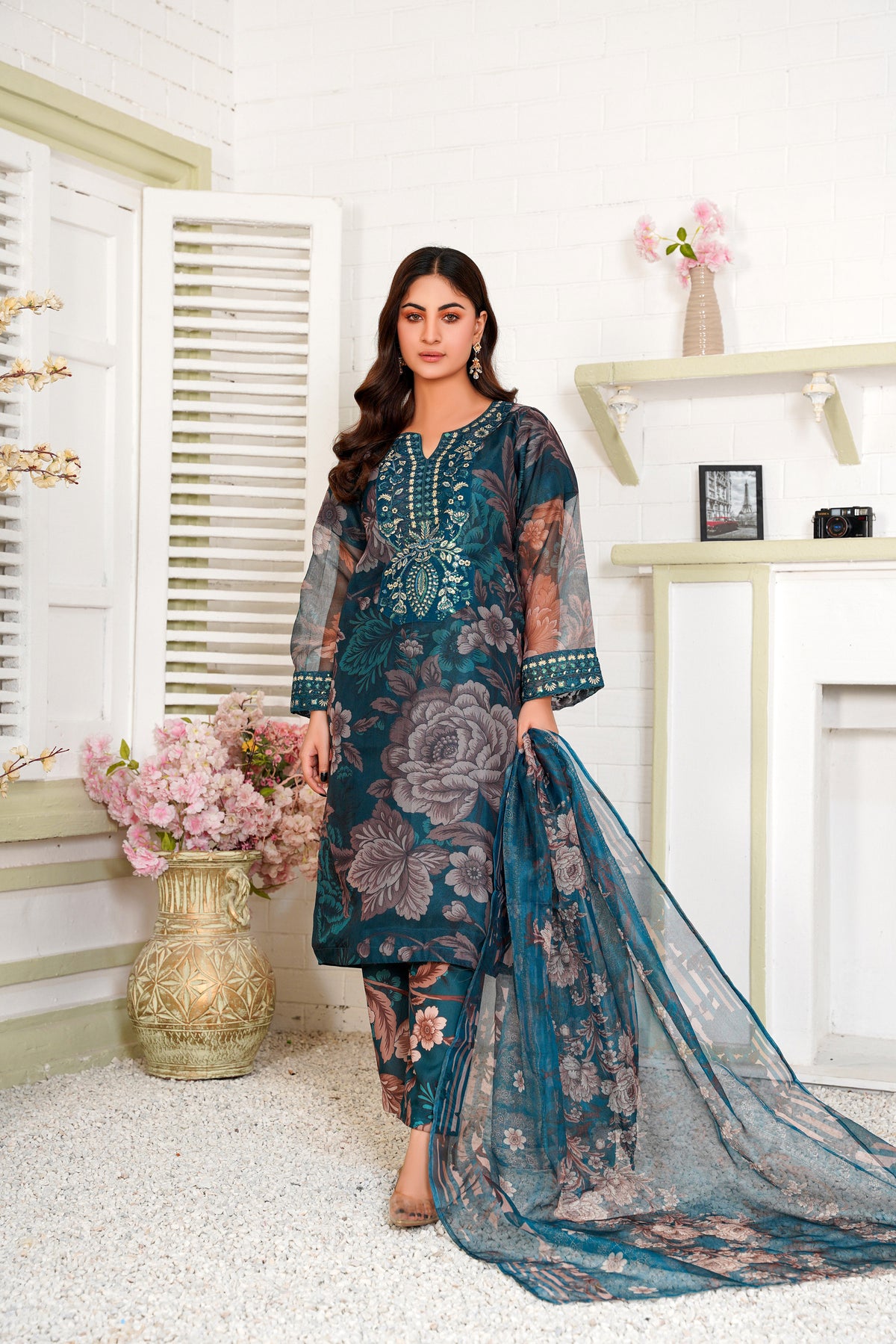 Elegant Embroidered organza 3-Piece Suit in Teal and Beige