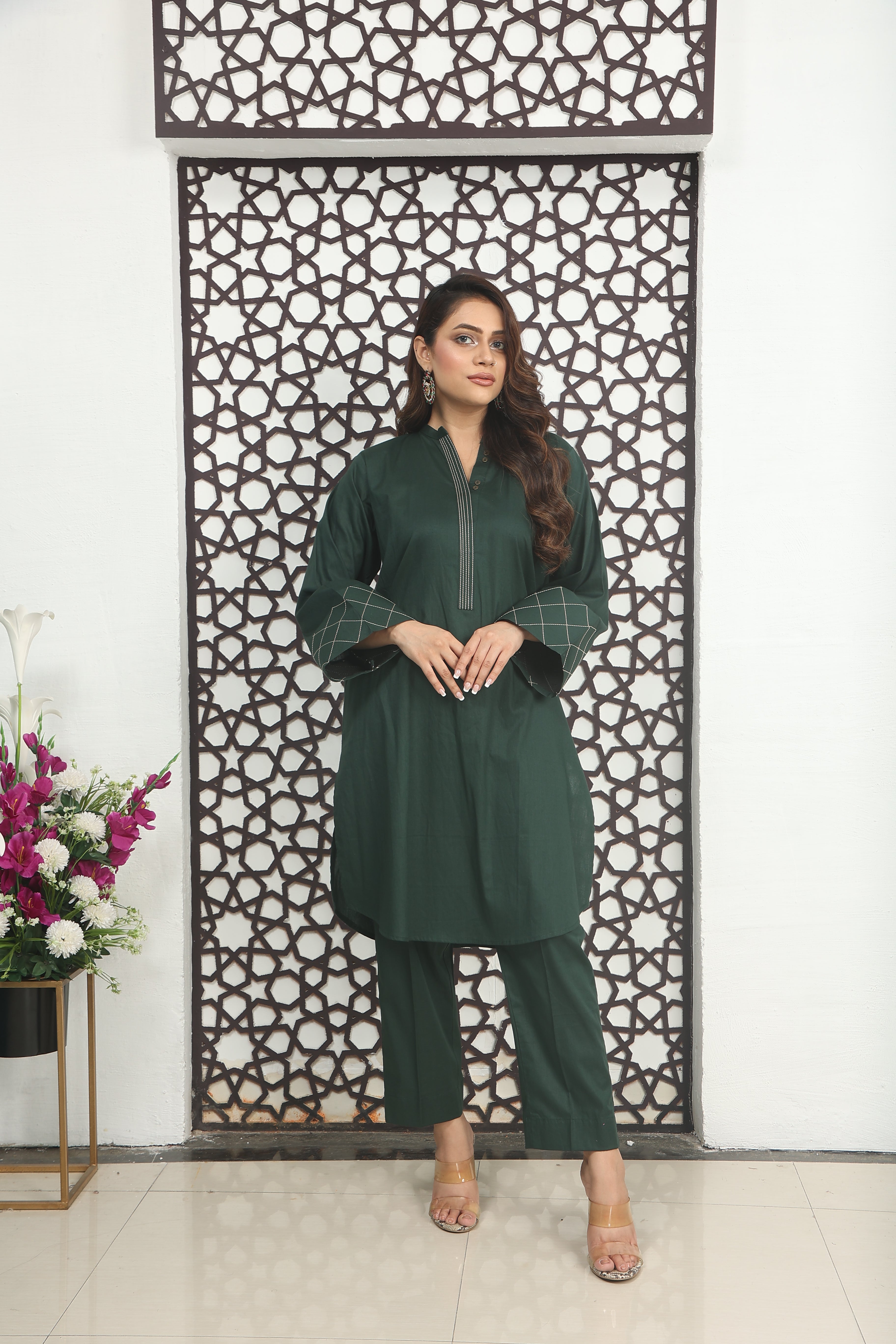 SLATE GREEN 2PCS EMBROIDED FABRIC LAWN SUIT